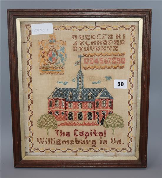 A late 19th/early 20th century American sampler, Capitol Williamsburg, VA overall 39 x 33cm